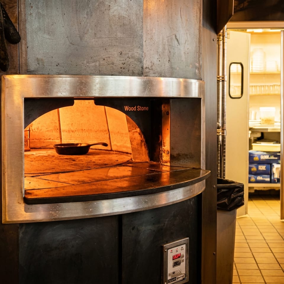 A glowing wood-fired oven stands in a restaurant kitchen beside a beer bottle, glasses, and service area.