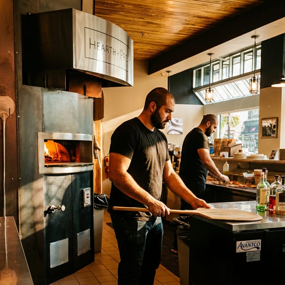 Restaurant staff prepare pizza dough beside a wood-fired oven in a warmly lit dining room with large windows.